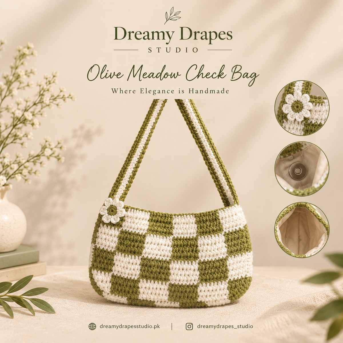 Olive Meadow Check crochet Bag
