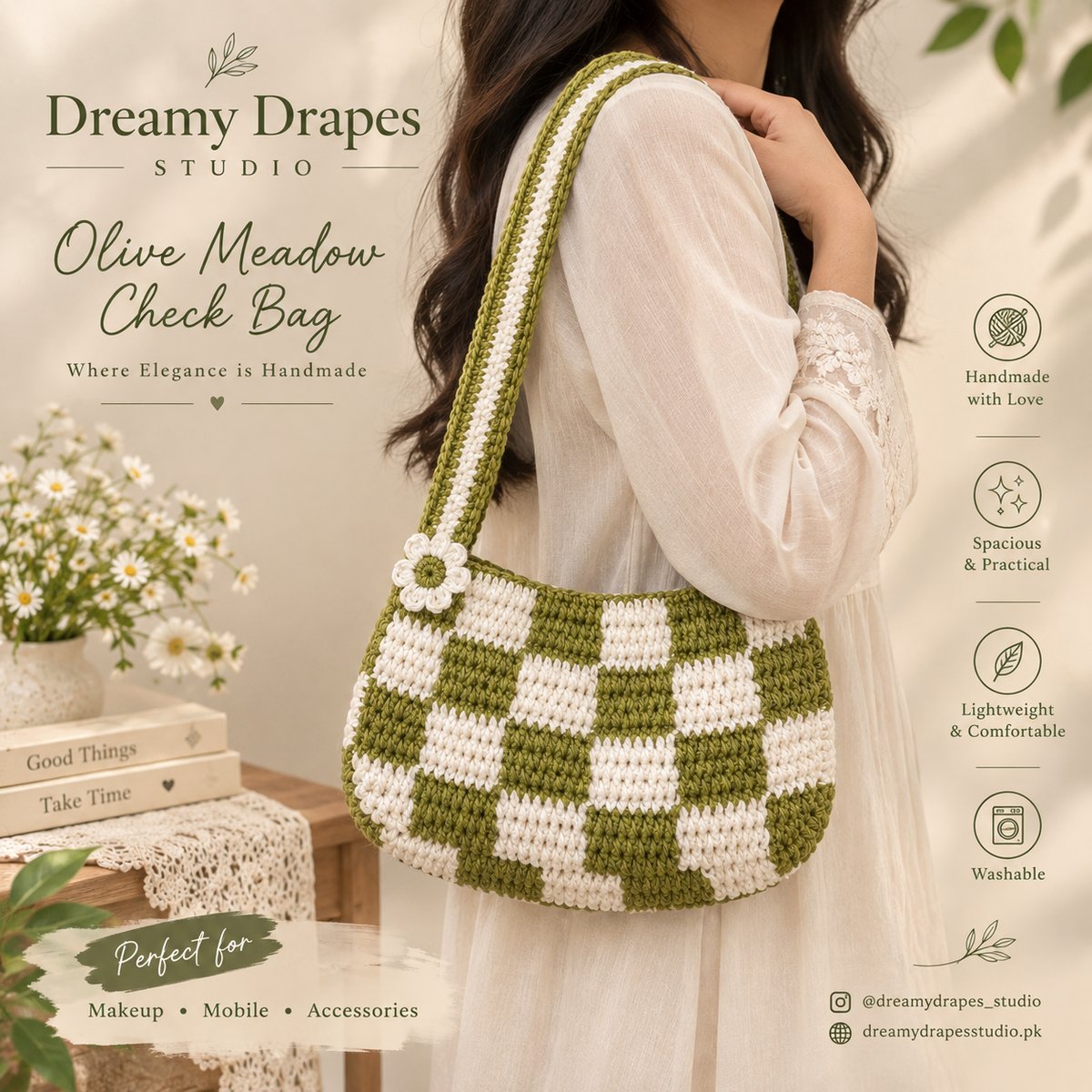 Olive Meadow Check crochet Bag